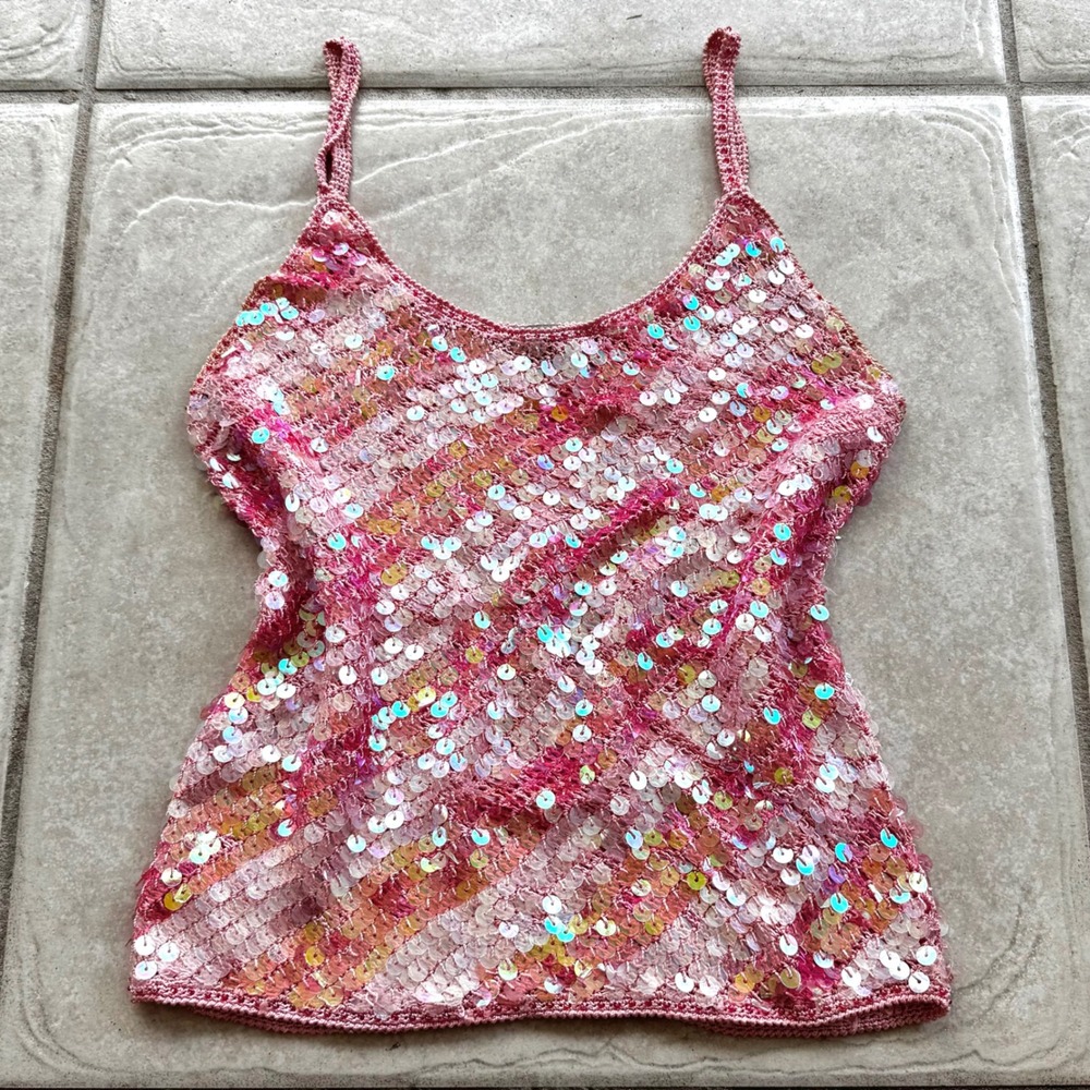 Y2K Pink Iridescent Sequin knit Cami fairy mermaid Tank Top